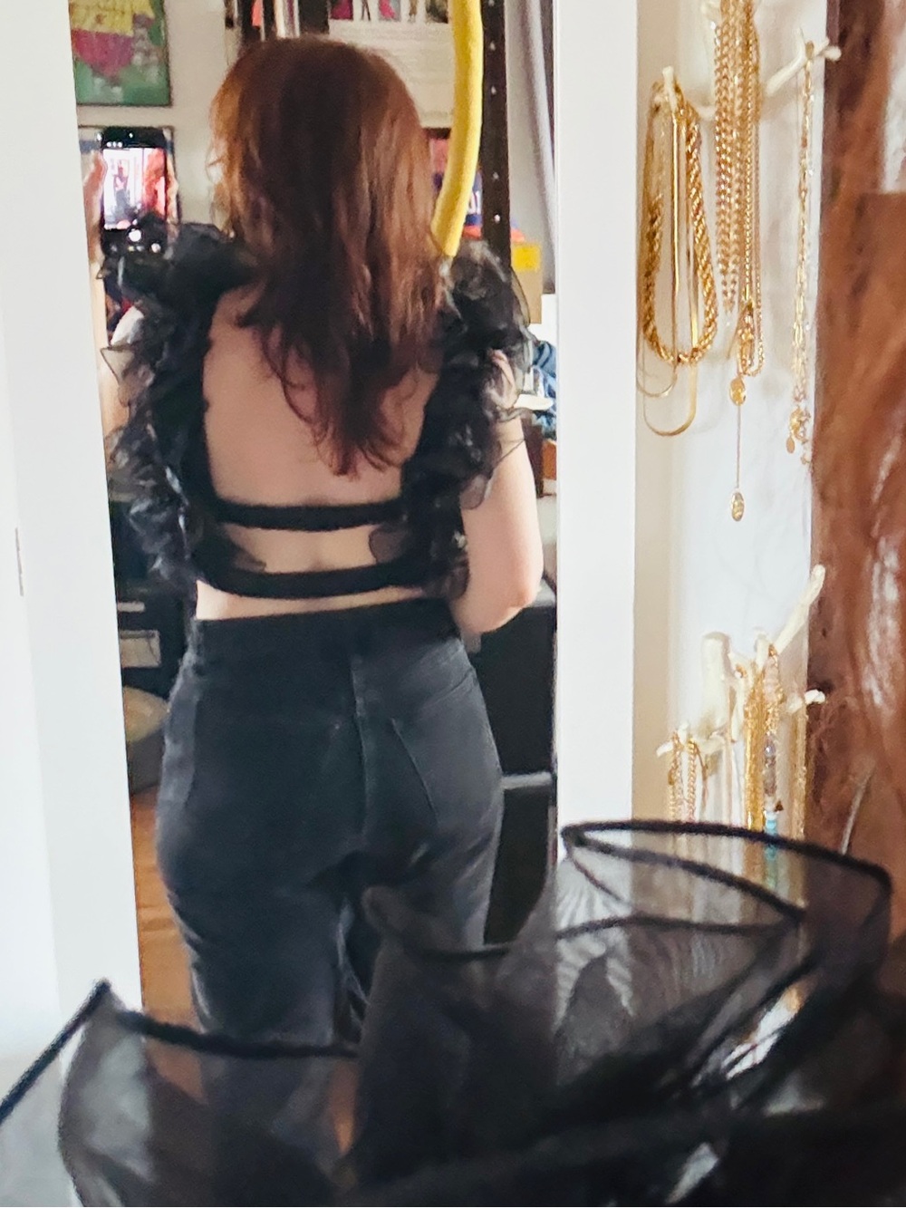 Free People Black Ruffled Organza Shoulder House Party Crop Top Open Back - Picture 6 of 9